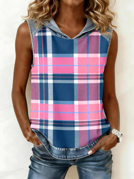 Women's Plaid Print Denim Patchwork Hooded Top