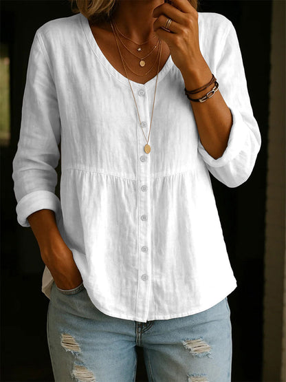 Women's Round Neck Casual Linen Shirt
