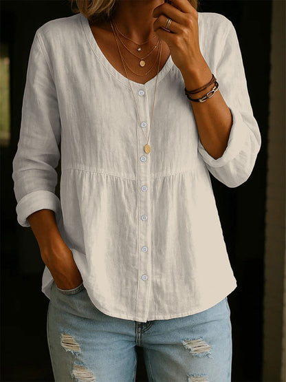 Women's Round Neck Casual Linen Shirt