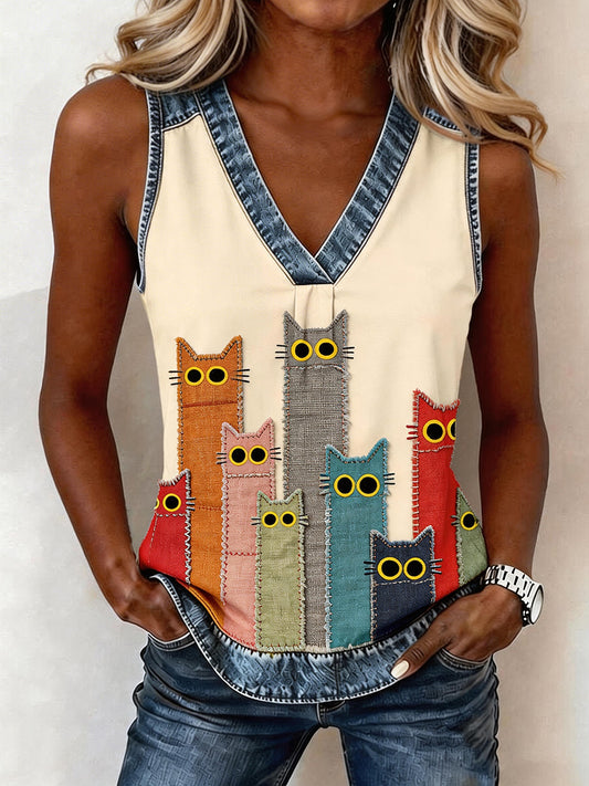 Women's Lovely Cat Pattern Denim Patchwork Top