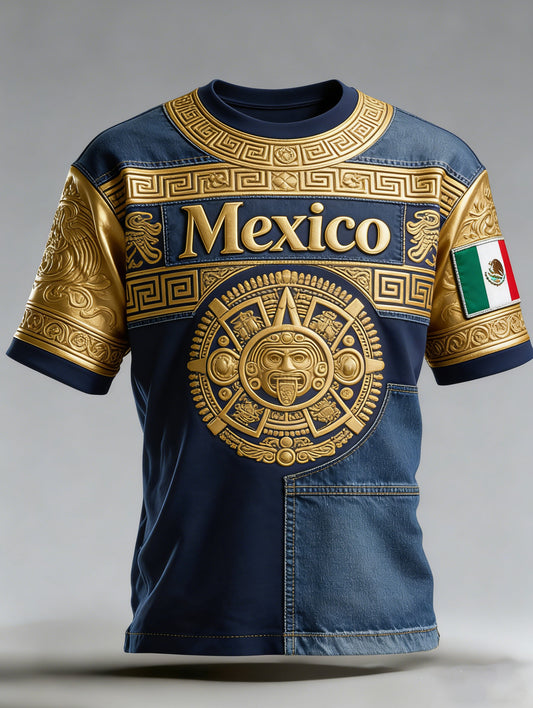 Men's T-Shirt Featuring Mexican Football And Ancient Civilization Totem Art Prints