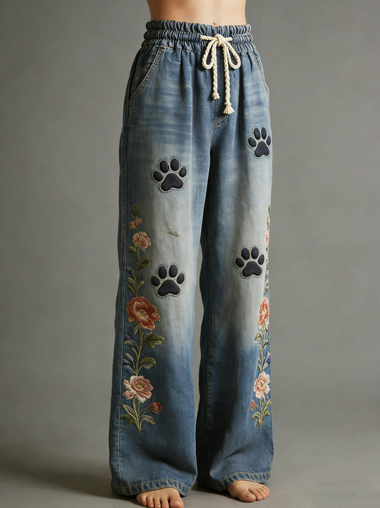Women's Art Dog Paw Print  Trousers