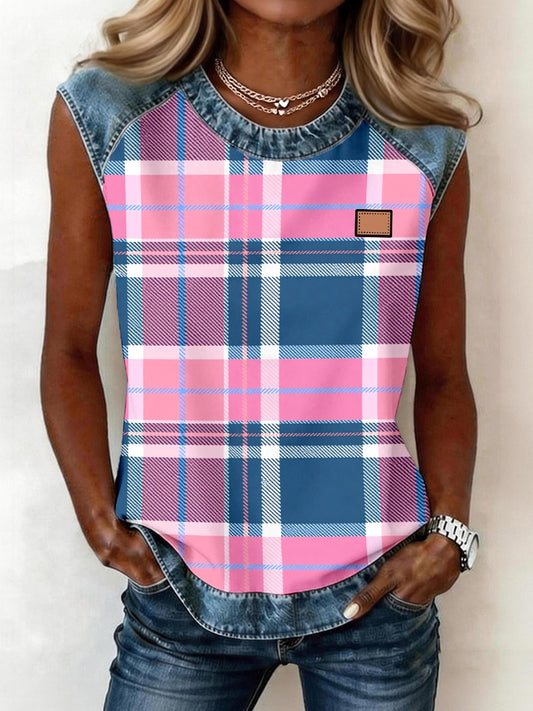 Women's Plaid Pattern Denim Patchwork Sleeveless Top
