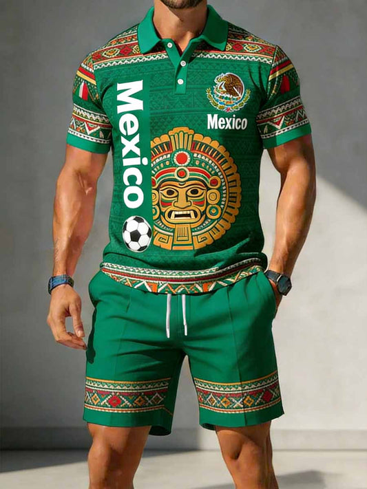 Men's Mexico Commemorative Pattern Print Casual Polo Shirt Set