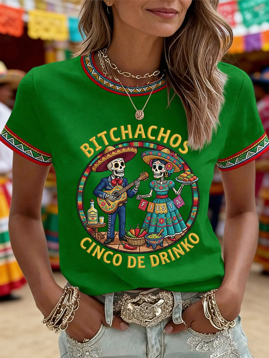 Women's Funny Cinco De Drinko Bitchachos Skeleton Print Casual Tee