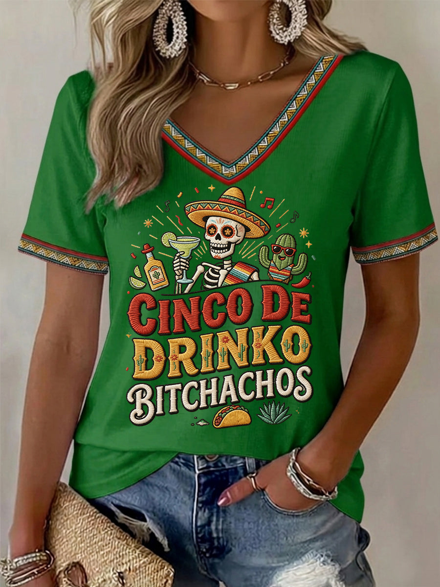 Women's Funny Cinco De Drinko Bitchachos Skull Print V-Neck Tee