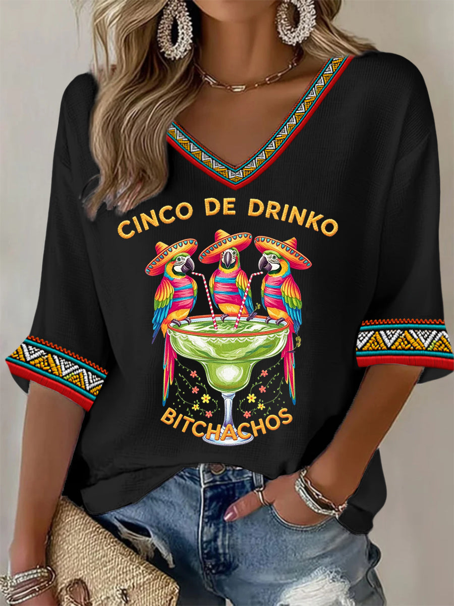 Women's Funny Cinco De Drinko Bitchachos Parrots Print Casual Waffle Top