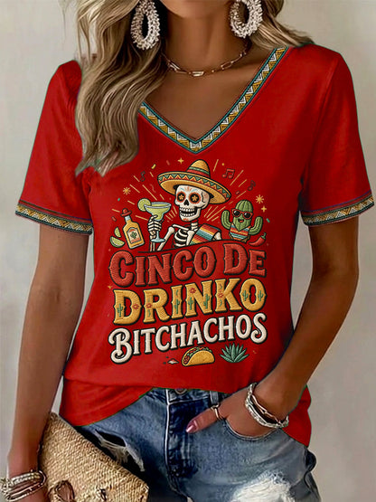 Women's Funny Cinco De Drinko Bitchachos Skull Print V-Neck Tee