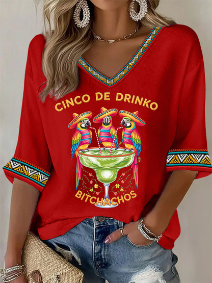 Women's Funny Cinco De Drinko Bitchachos Parrots Print Casual Waffle Top