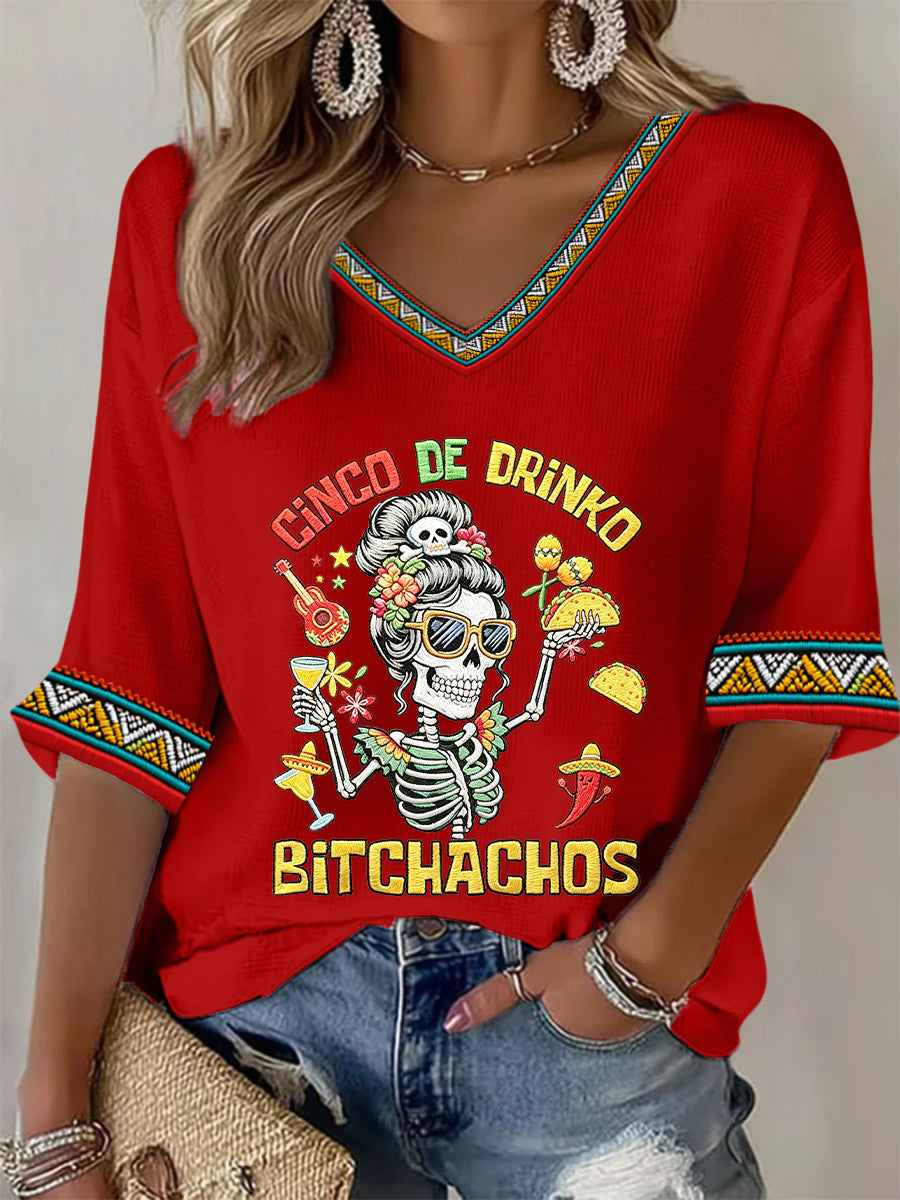 Women's Funny Cinco De Drinko Bitchachos Skeleton Print Casual  Waffle T-shirt
