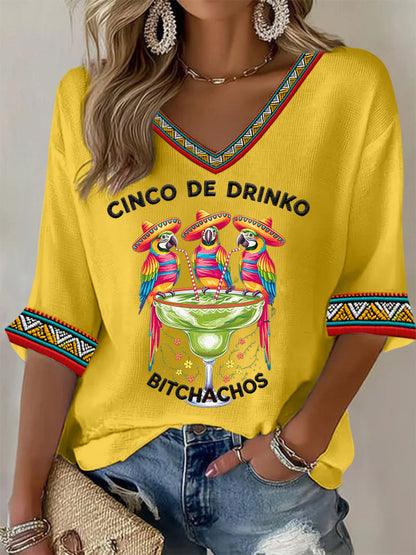 Women's Funny Cinco De Drinko Bitchachos Parrots Print Casual Waffle Top