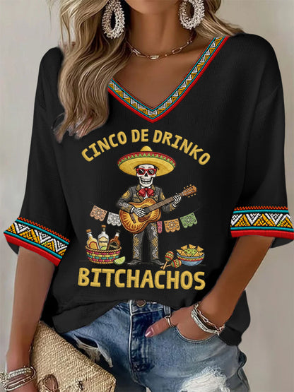 Women's Funny Cinco De Drinko Bitchachos Skeleton Print Casual Waffle Top