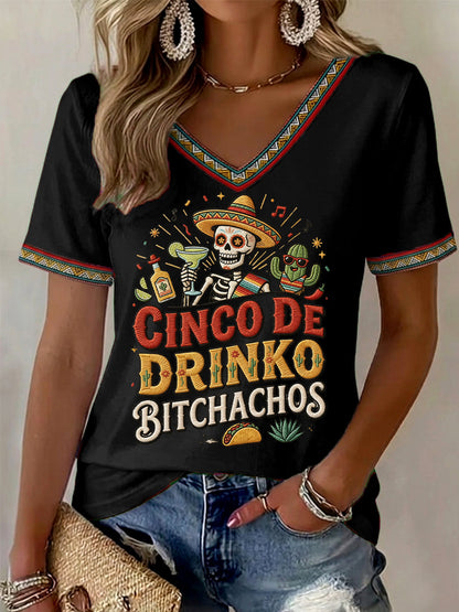 Women's Funny Cinco De Drinko Bitchachos Skull Print V-Neck Tee