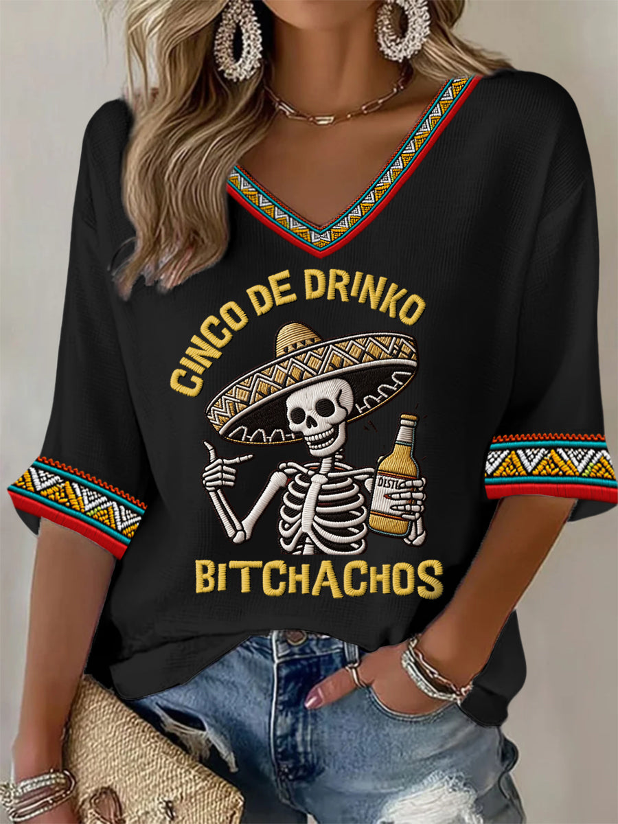 Women's Funny Cinco De Drinko Bitchachos Skeleton Print Casual Waffle Top