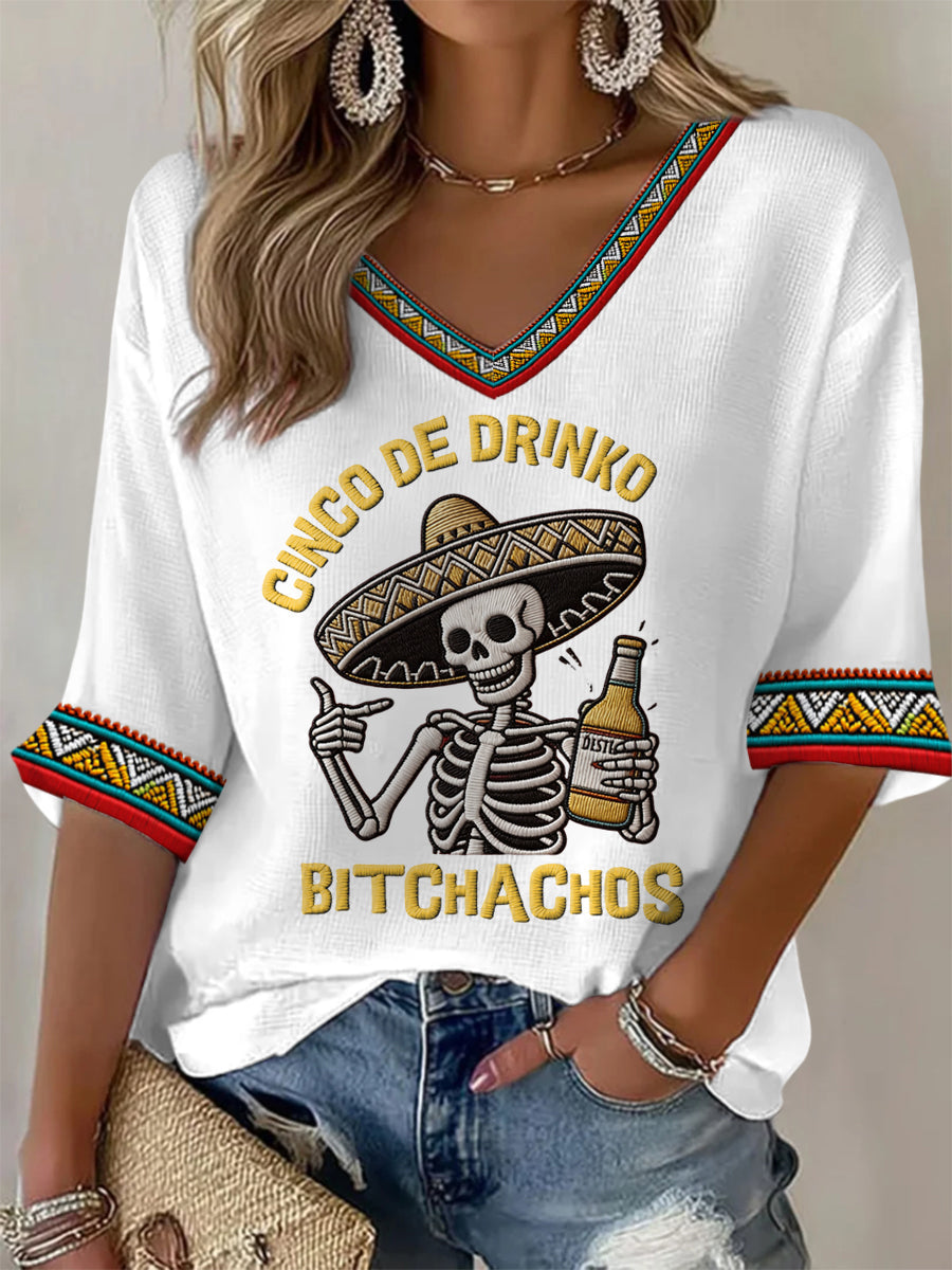 Women's Funny Cinco De Drinko Bitchachos Skeleton Print Casual Waffle Top