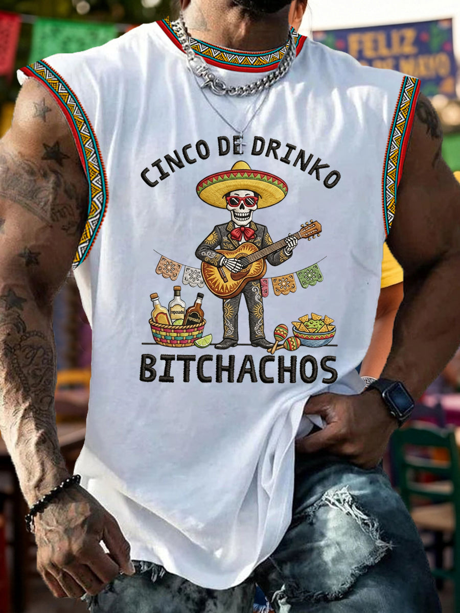 Men's Funny Cinco De Drinko Bitchachos Skeleton Print Casual Tank Top