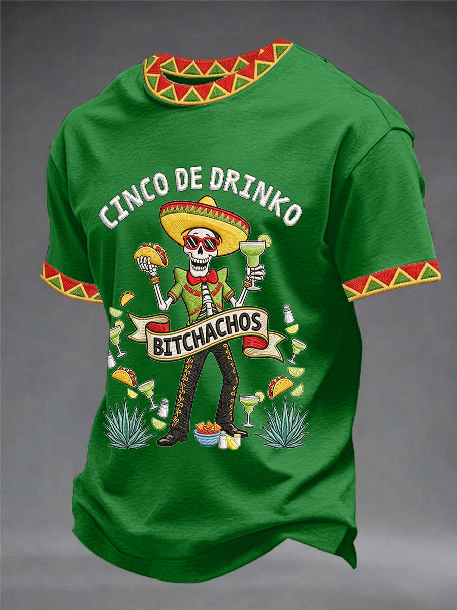 Men's Funny Cinco De Drinko Bitchachos Skull Print Tee