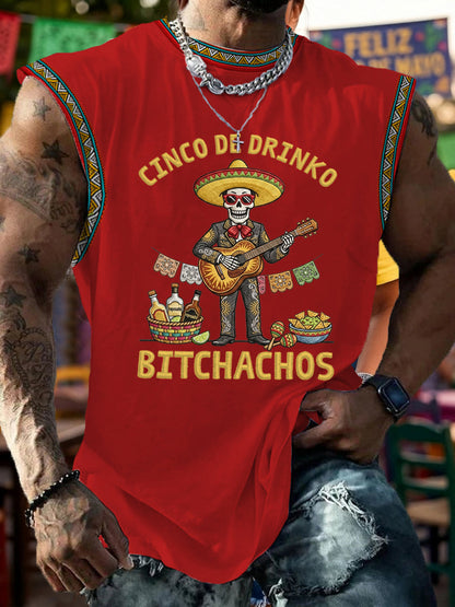 Men's Funny Cinco De Drinko Bitchachos Skeleton Print Casual Tank Top
