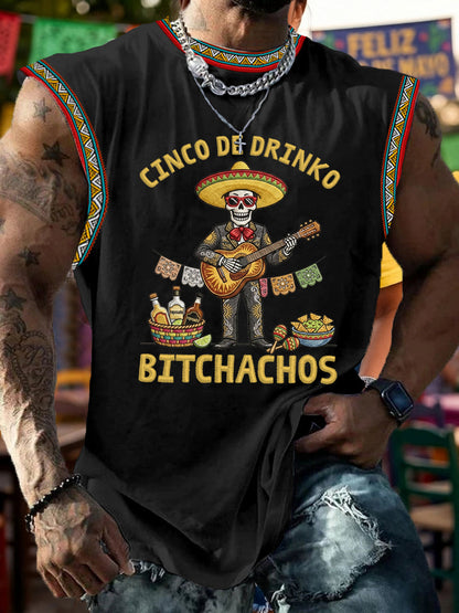 Men's Funny Cinco De Drinko Bitchachos Skeleton Print Casual Tank Top