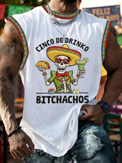 Men's Funny Cinco De Drinko Bitchachos Skull Print  Tank Top
