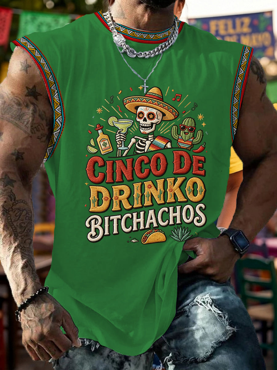 Men's Funny Cinco De Drinko Bitchachos Skull Print Tank Top
