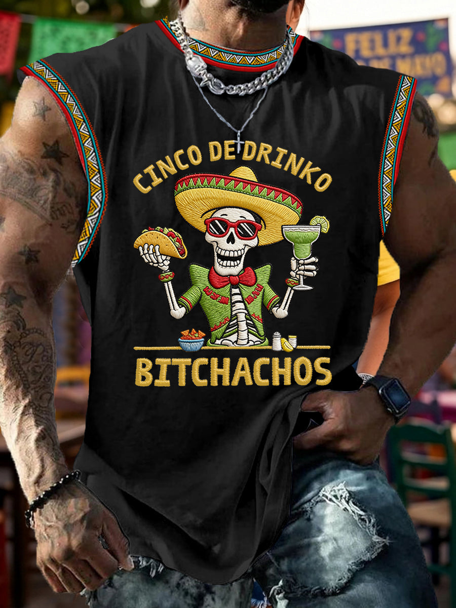 Men's Funny Cinco De Drinko Bitchachos Skull Print  Tank Top