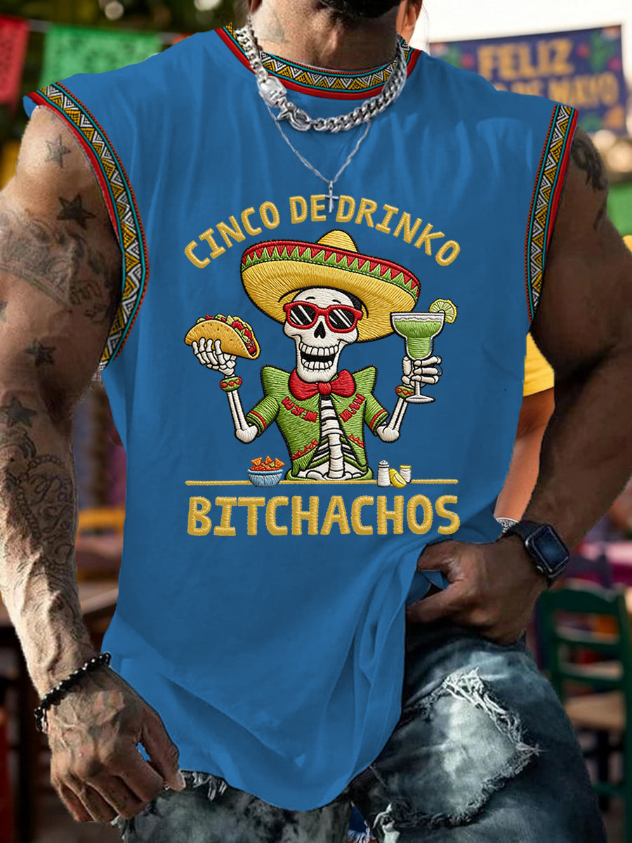 Men's Funny Cinco De Drinko Bitchachos Skull Print  Tank Top