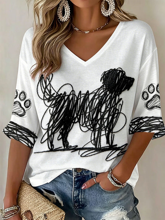 Women's Dog Art Print V-Neck T-Shirts