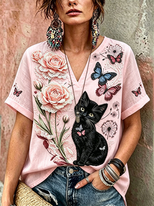 Women's Black Cat With Floral Casual Linen Short Sleeve Shirt