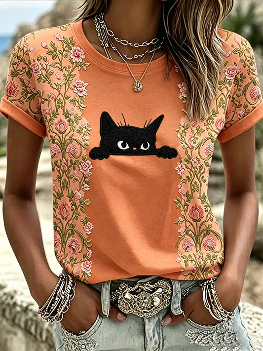 Women's Black Cat With Floral Graphic Casual Short Sleeve T-shirt