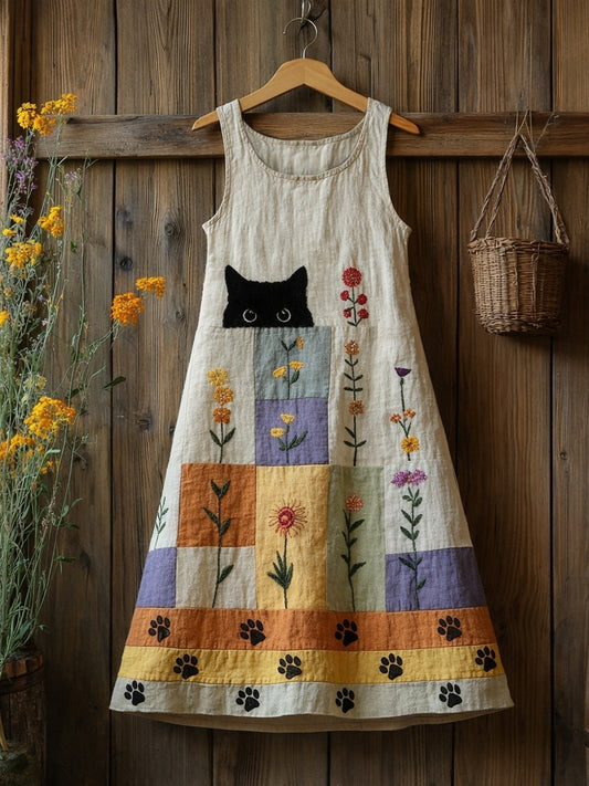 Women's Cute Funny Floral Cat Print Casual Sleeveless Midi Dress