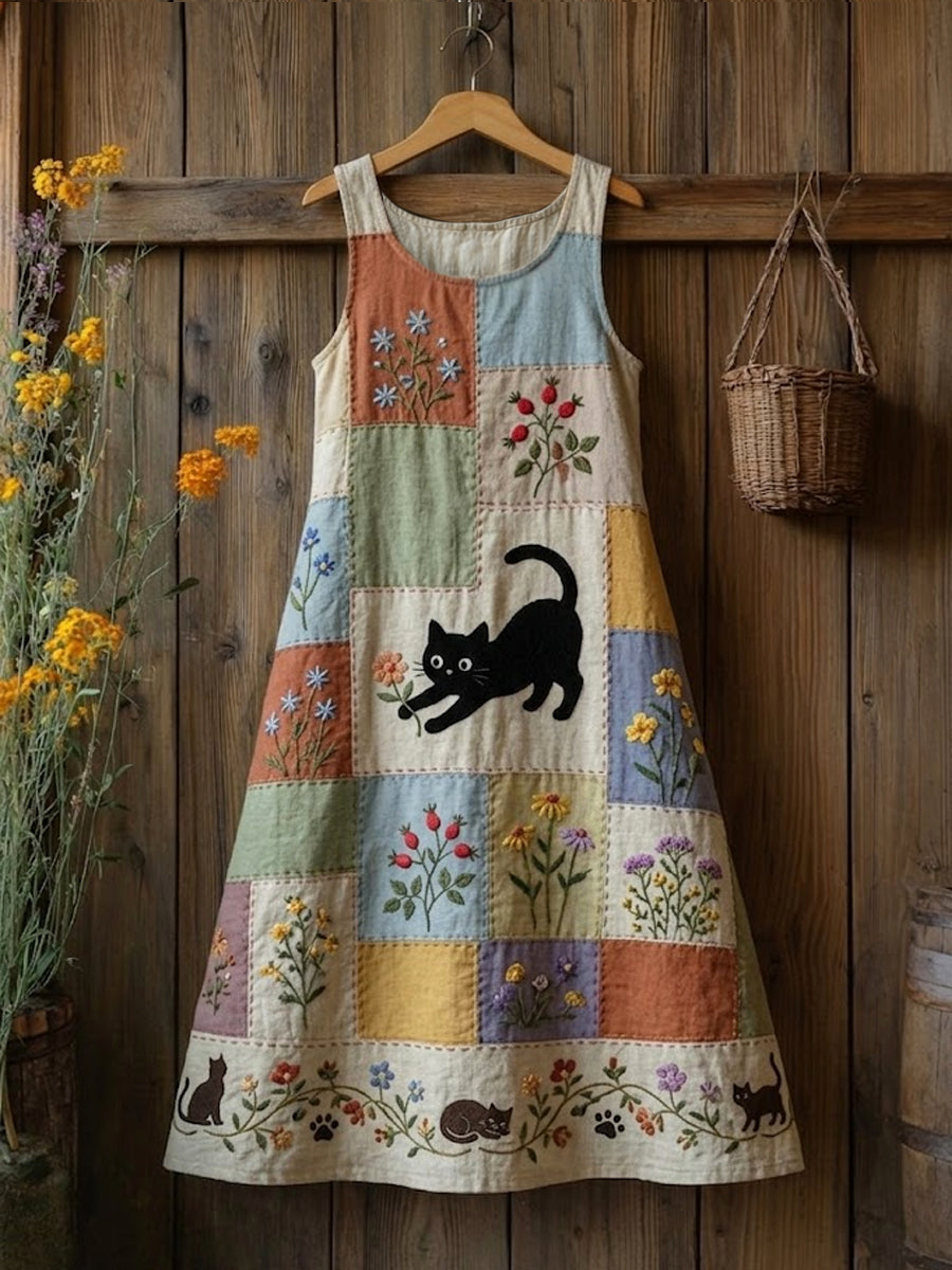 Women's Retro Floral Cats Print Casual Sleeveless Midi Dress