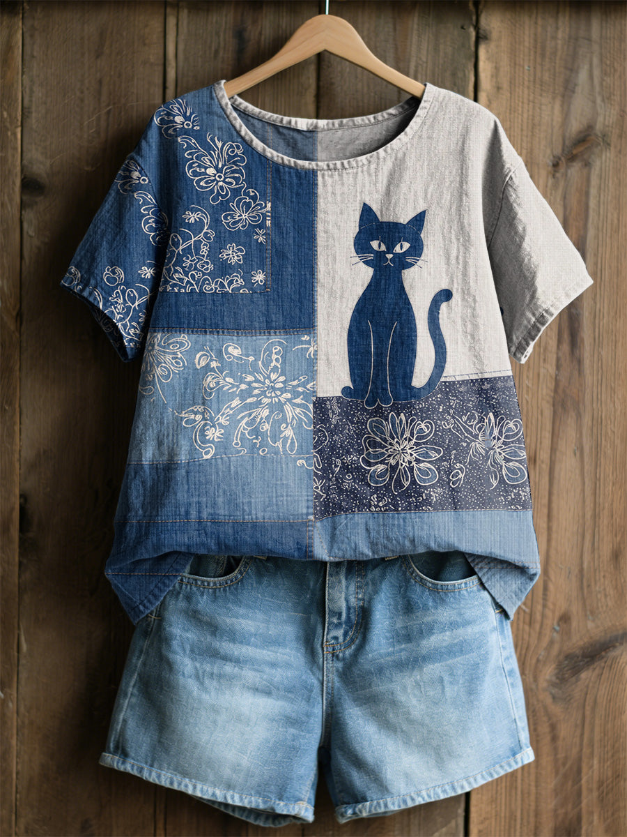 Women's Retro Floral Cats Print Casual Tee