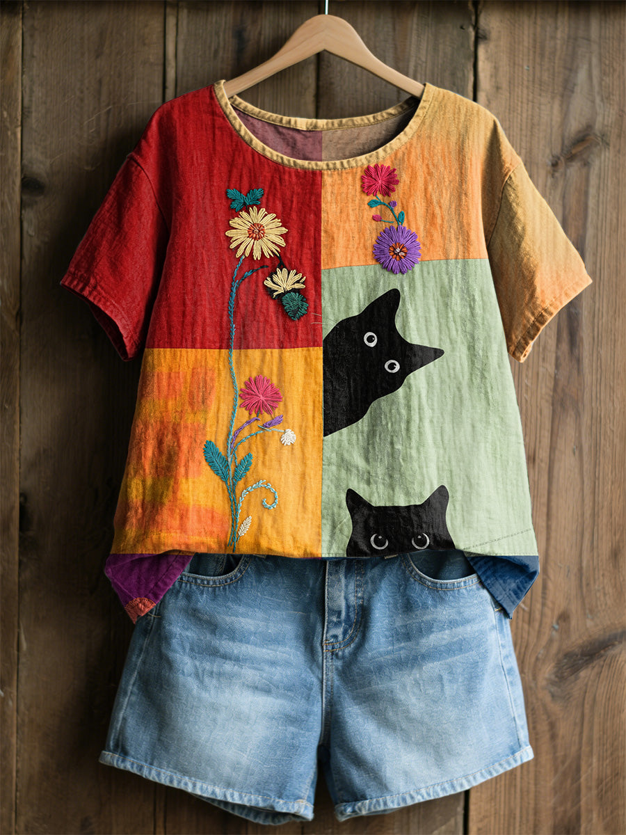 Women's Retro Floral Cats Print Casual Tee