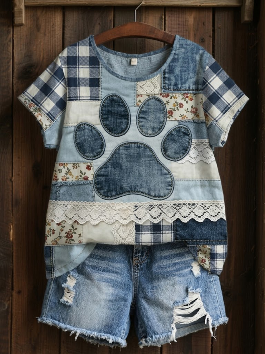 Women's Paw Print Floral Patchwork Linen Short-sleeved T-shirt