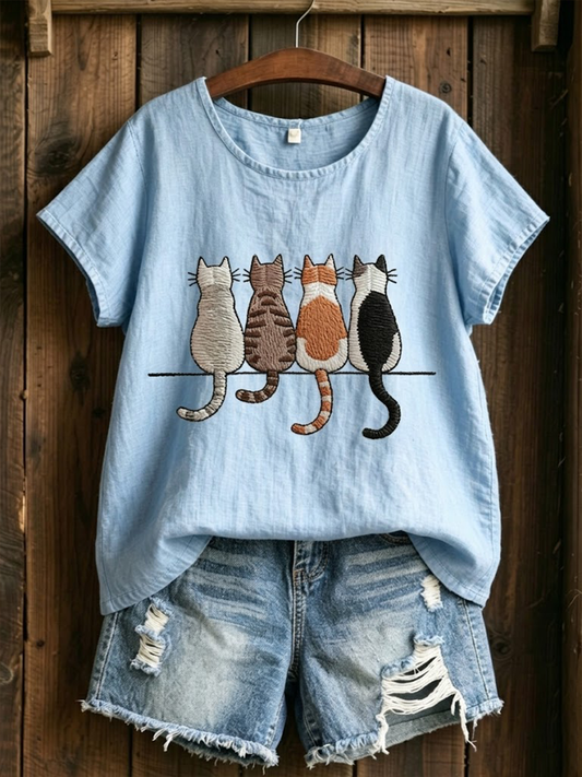Women's Cat's Back View Linen Short-sleeved T-shirt