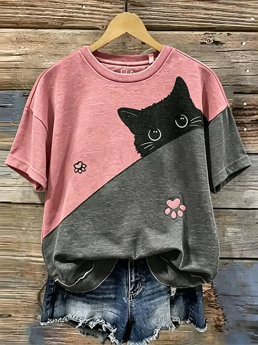 Women's Cute Flower Cat Short Sleeve T-shirt