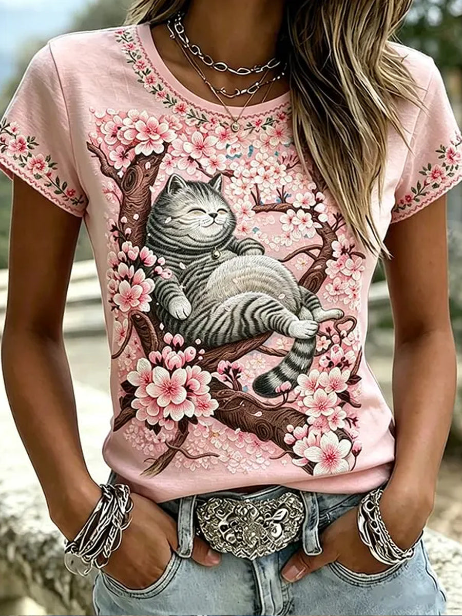 Women's Cute Flower Cat Short Sleeve T-shirt