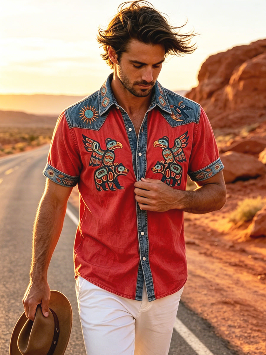 Men's Vintage Native American Animal Totem Patchwork Casual Shirt