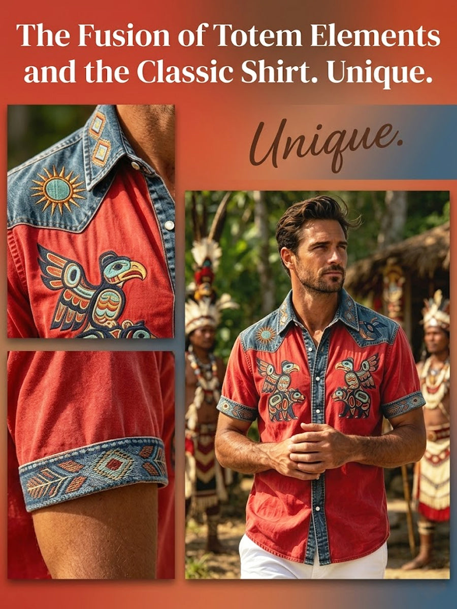 Men's Vintage Native American Animal Totem Patchwork Casual Shirt
