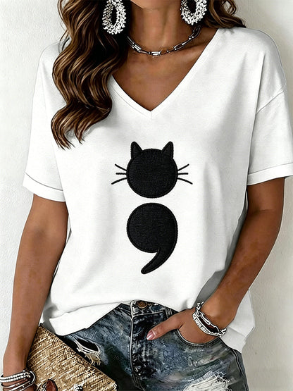 Women's Cat Print V-Neck T-Shirt