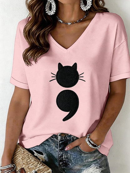 Women's Cat Print V-Neck T-Shirt