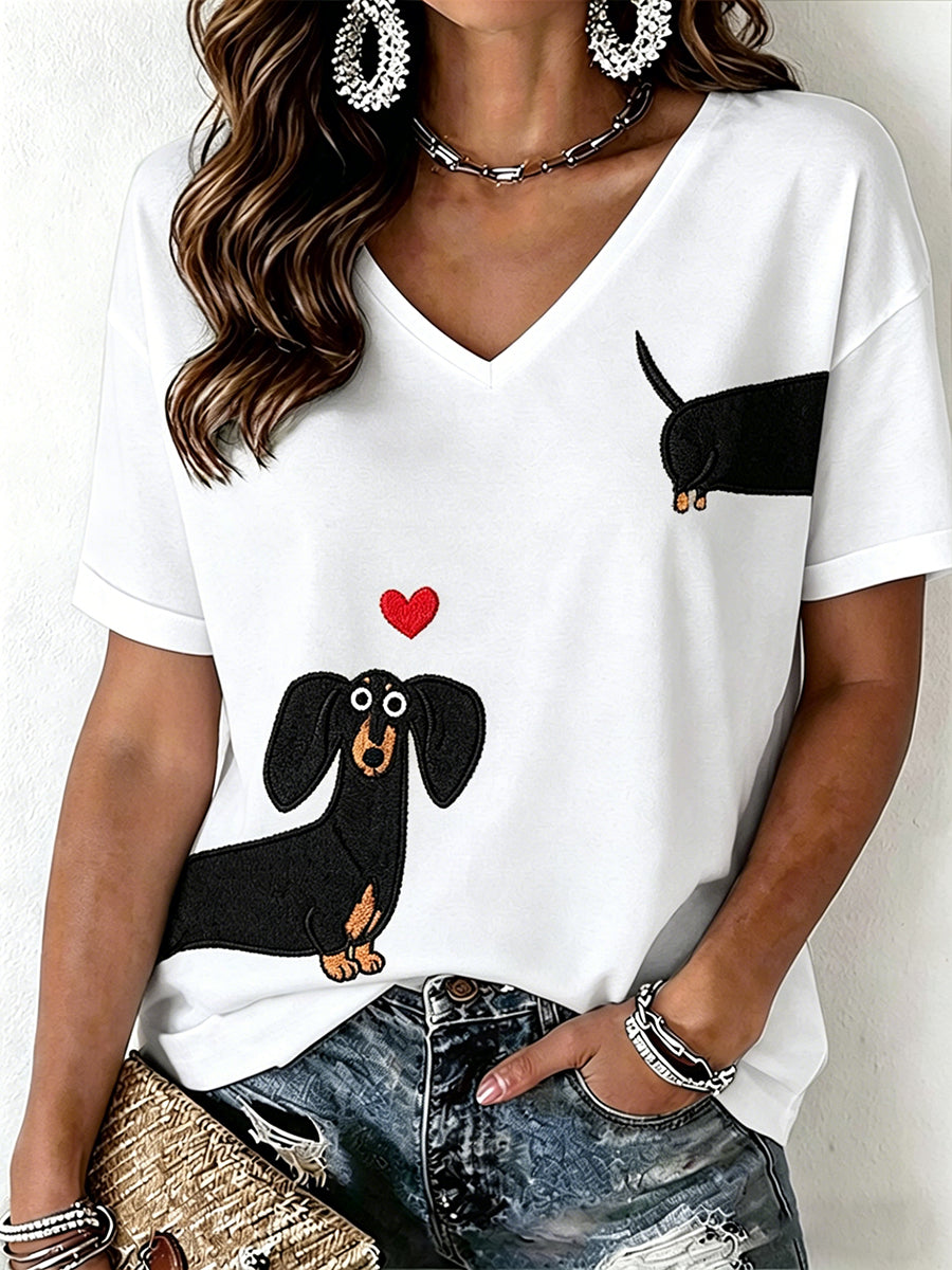 Women's Dachshund Pattern V-Neck T-Shirt