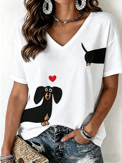 Women's Dachshund Pattern V-Neck T-Shirt