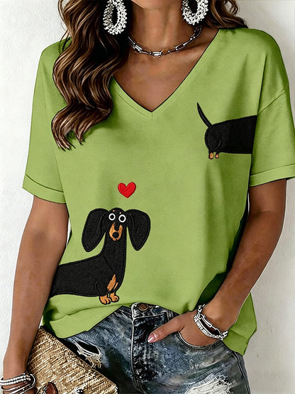 Women's Dachshund Pattern V-Neck T-Shirt
