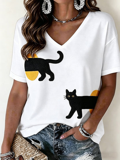 Women's Cat Pattern V-Neck T-Shirt