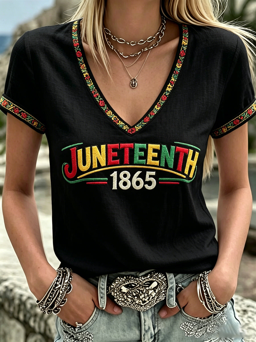 Women's Juneteenth Design Print V-Neck Casual T-Shirt