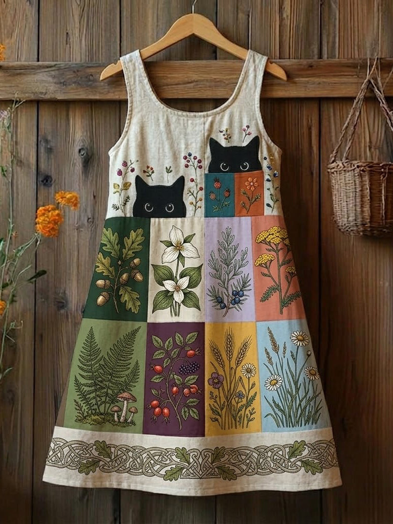 Women's Cat Flower Linen Patchwork Printed Dress