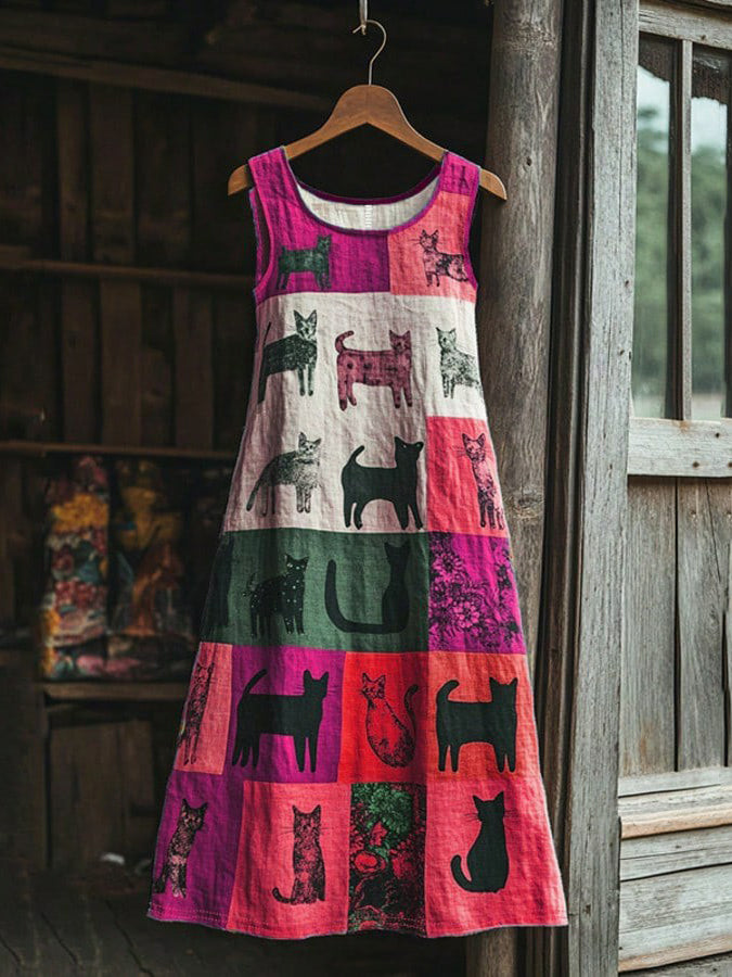 Women's Cat Flower Linen Patchwork Printed Dress