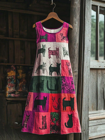 Women's Cat Flower Linen Patchwork Printed Dress